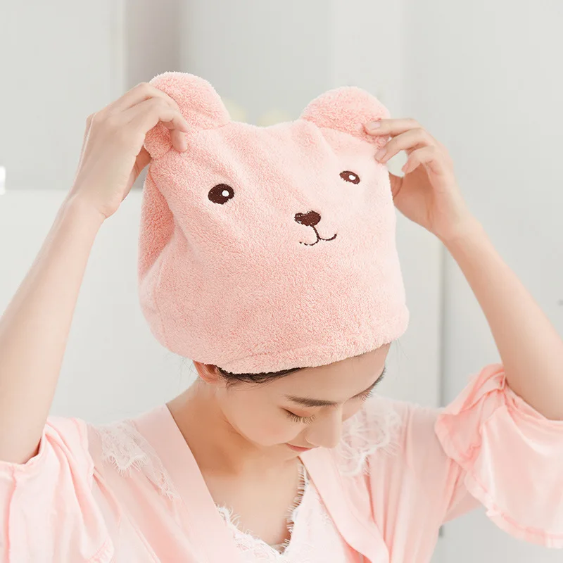 1-10PCS Women Soft Absorbent Lightweight Dry Hair Cap Thick Microfiber Quick Drying Cute Bear Embroidery Shower Head Towel
