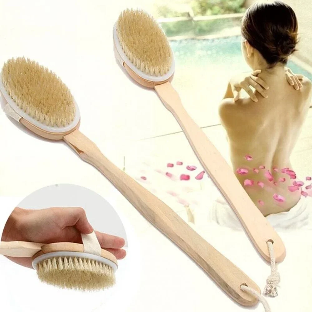 1Pc Wooden Detachable Long Handle Shower Body Brush Bathing Massage Back Body Exfoliating Brush Bathroom Wash Brush Bath Tools