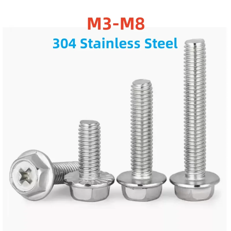 Phillips Flange Bolts 304 Stainless Steel External Hex Hexagon Screws Bolt M3 M4 M5 M6 M8 Metric Thread 5mm to 60mm