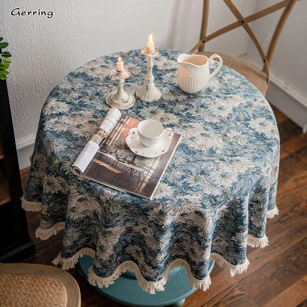 Gerring Tablecloth Wedding Table American Blue Oil Painting Jacquard Christmas Round Coffee Table Cover Thick Table Cloth