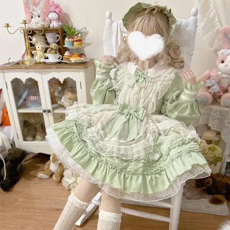 Women Vintage Elegant Lace Mesh Bow Green Dresses Harajuku Victorian Girly Kawaii Tea Party Dress Sweet Lolita Princess OP Dress