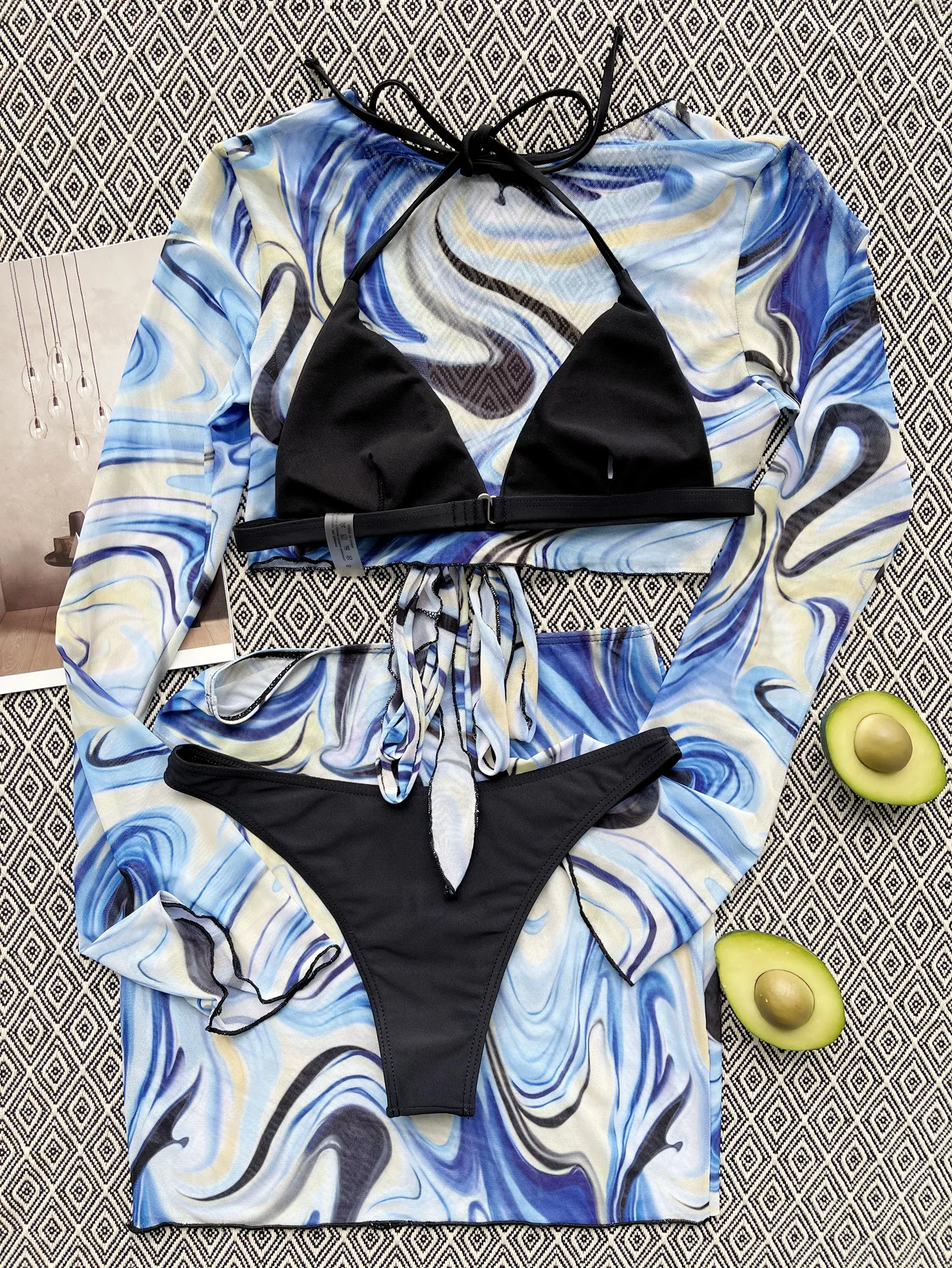 

2025 Women's Swimsuits Four-piece Flare Sleeve Mesh Blouse Bikini Set Sexy Strip Print Beachwear Women Swimwear