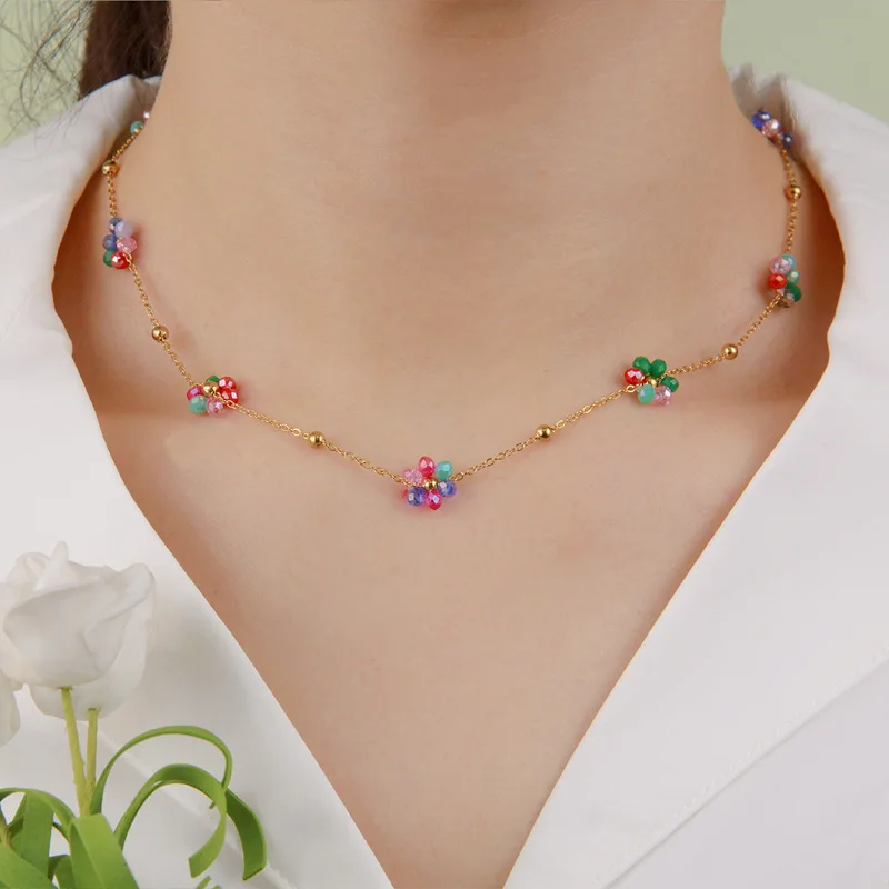 Gold Plated Colorful Crystal Flower Chain Bracelet Stainless Steel Beaded Floral Dainty Stackable Women Wrist Jewelry Gift