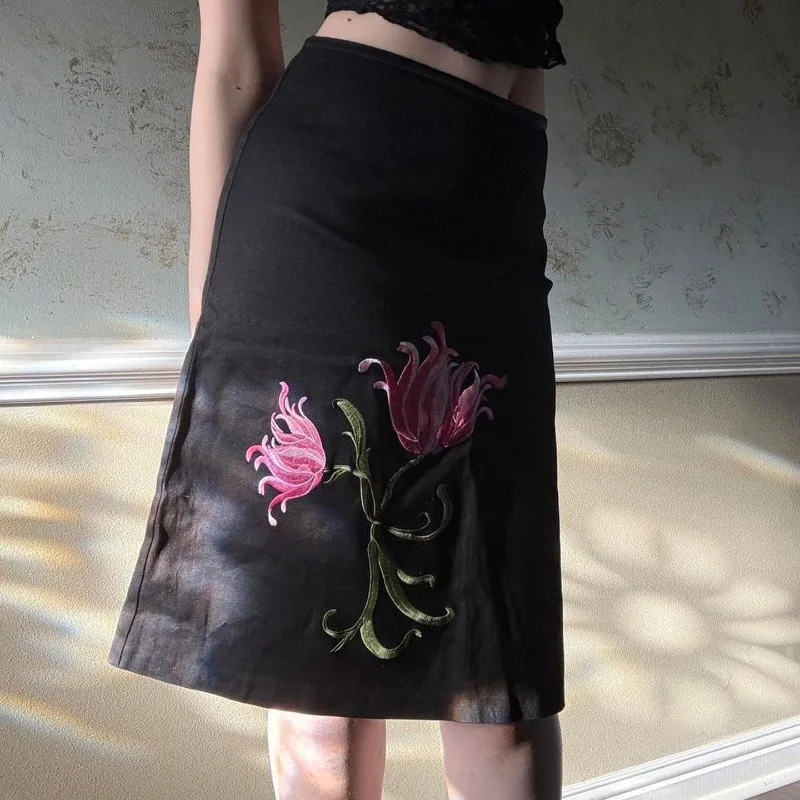 

Ezgaga Skirts Women Flowers Embroidery Slim Vintage French Style Chic Split Ruched Fashion Elegant Skirt Female Casual Party