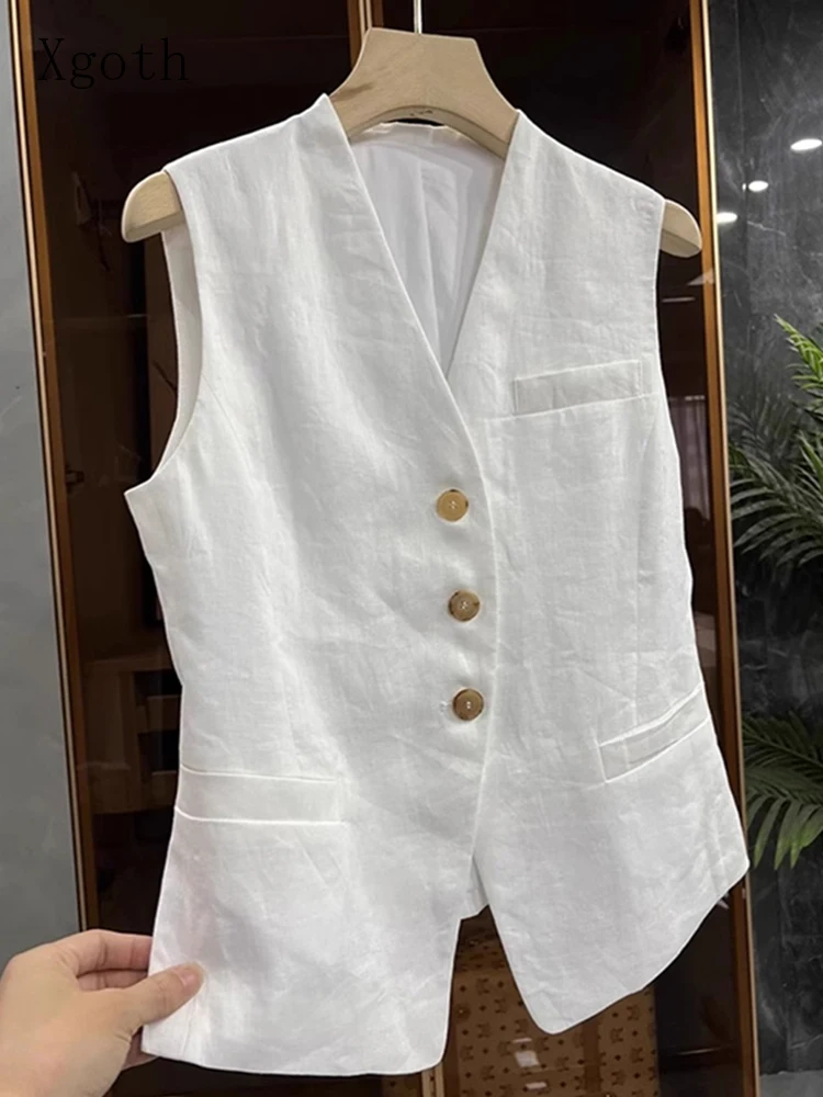 

White Linen Sleeveless Suit Vest for Women Spring/Summer High-end Retro Layering V-neck Cotton Linen Camisole Women Tops