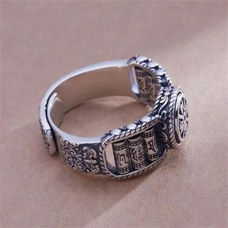 Ethnic Style Six Character Great Ming Mantra Beads Ring Men Jewelry Lucky Fortune Compass Ring Male Index Finger Accessories