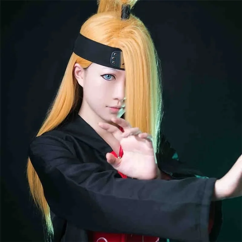 Akactuki wigs Deidara cosplay long gold heat resistant synthetic hair wig wig cap yellow model high ponytail cosplay anime wig