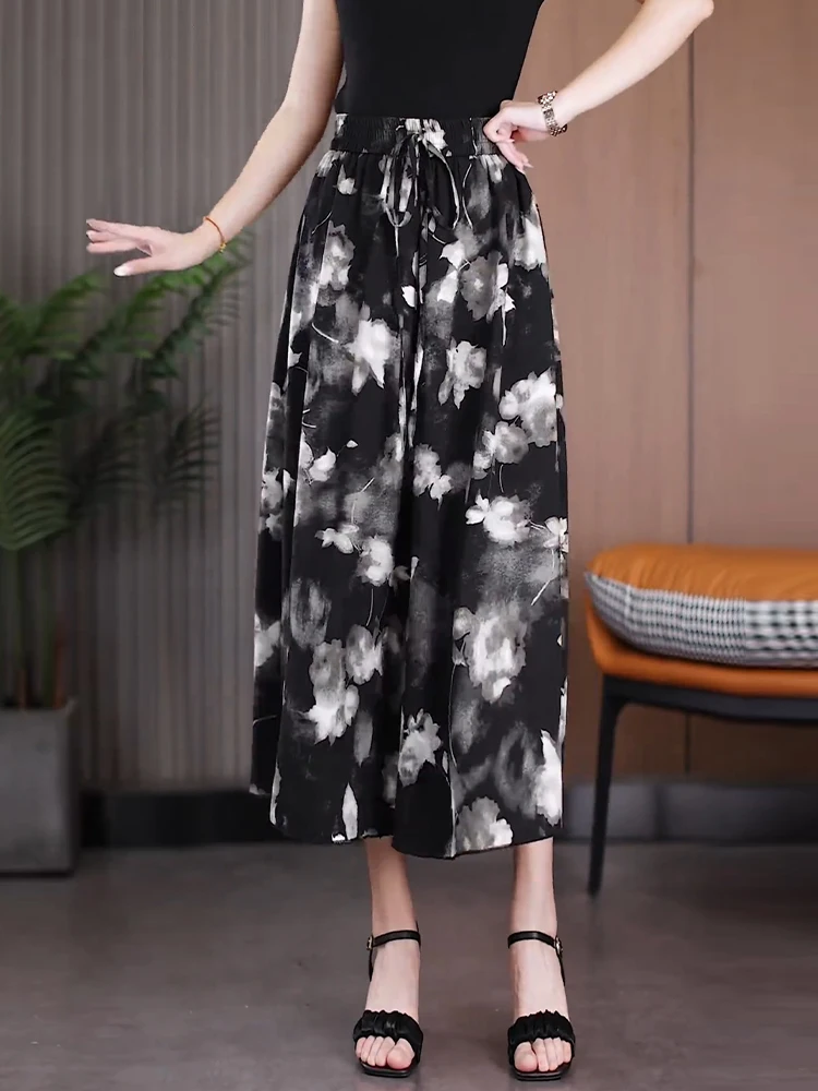 

Summer Thin Chiffon Wide Leg Pants Women's High Waist Drapey Style Knee-Length Trousers Casual Korean Loose Fit High Waist