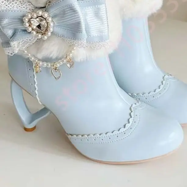 Round Toe Bow-Shaped Heart-Shaped Snow Boots 2026 Winter New Sweet Girl Lolita Plush Short Boot Fashion Party Casual Stage Boots
