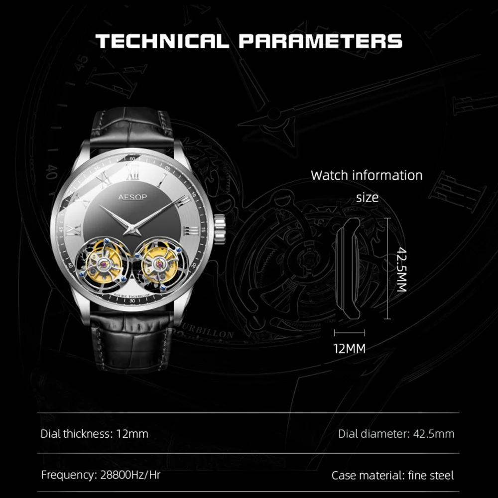 New Aesop Men\'s Double Tourbillon Watch Hand Winding Movement Sapphire Business Fashion Male Mechanical Wristwatches Waterproof