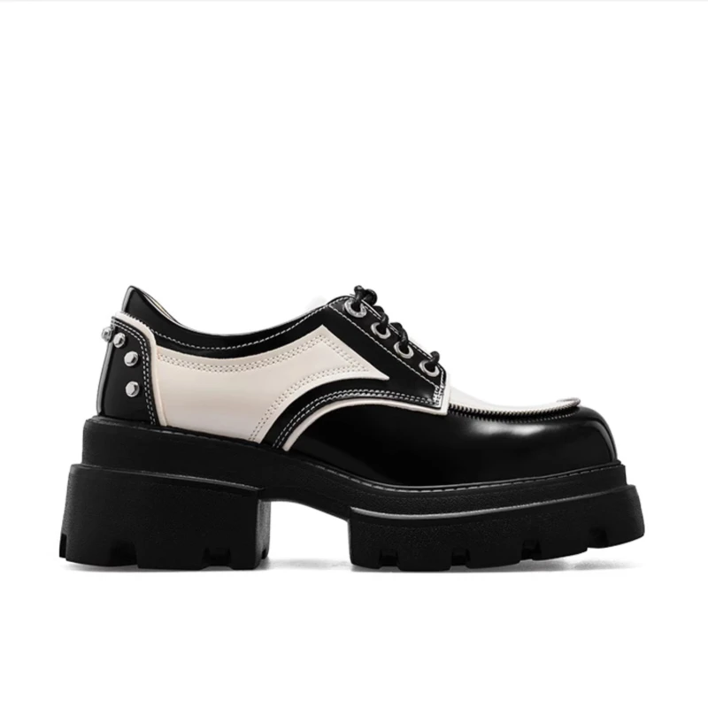 Black/White Design Leather Shoes for Women's Fashion Single Shoe Genuine Leather Comfortable Thick Soled Height Increasing Shoes