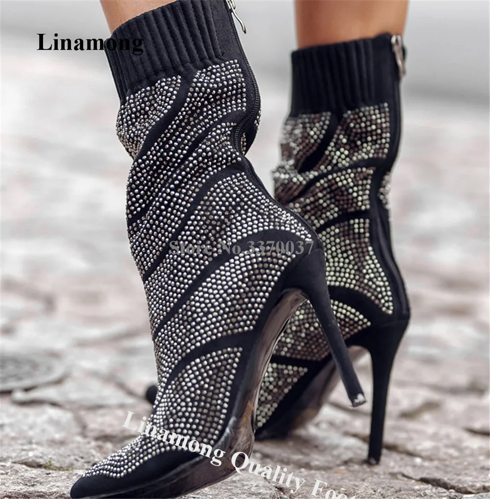 

Linamong Bling Bling Rhinestones Short Boots Sexy Pointed Black Wave Pattern Crystals Stiletto Heel Ankle Booties Wedding Heels