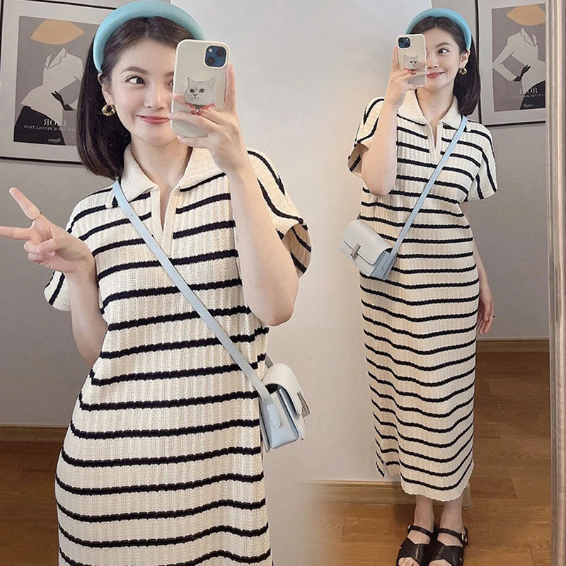 Loose Striped T-shirt V-neck Dress Women Turn-down Collar Long Simple Casual Short Sleeve Dress