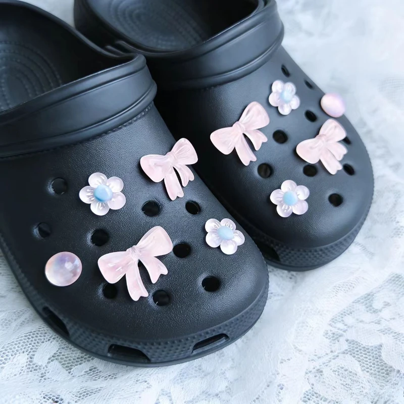 Whole Set Hot Sale DIY Hole Shoes Charms for Pink Bow Flower Handmade Charms Designer Quality Garden Shoe Decoration Girl Gift