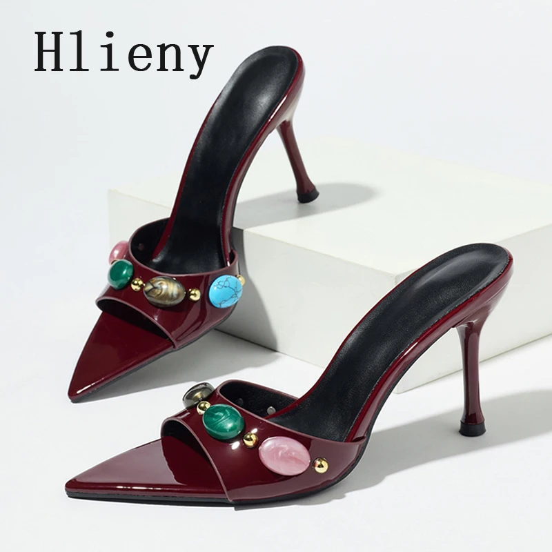 

Hlieny/летние модные дизайнерские женские тапочки с острым носком, дизайнерские шлепанцы на тонком высоком каблуке, пикантные вечерние сандалии, размер 35-43