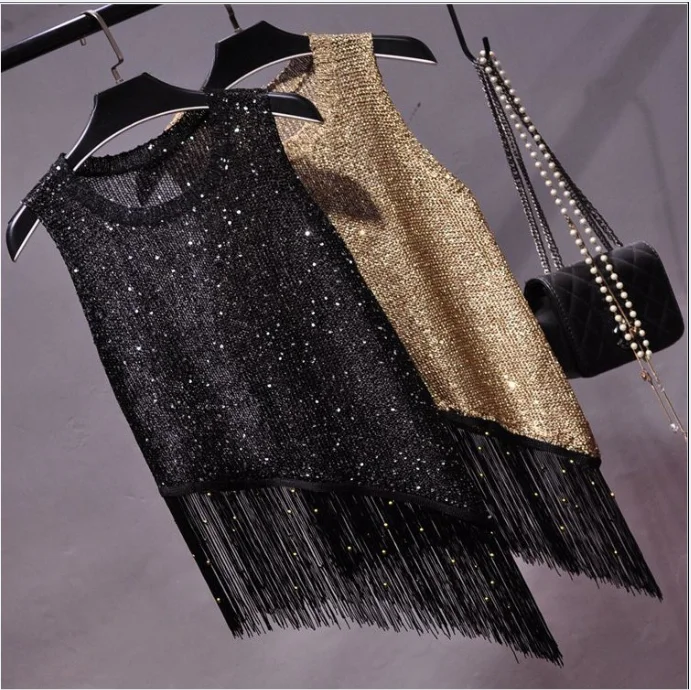 

Весна и лето 2022, сексуальный вырез с круглым вырезом и разрезом, нерегулярные блестки, камзол, прозрачный свободный топ без рукавов, майка Femme