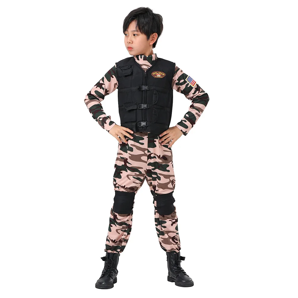 Boys Navy Camouflage Forces Occupation Full Set Suits Kids Halloween Cosplay Costumes Party Role Playing Dress Up Outfit