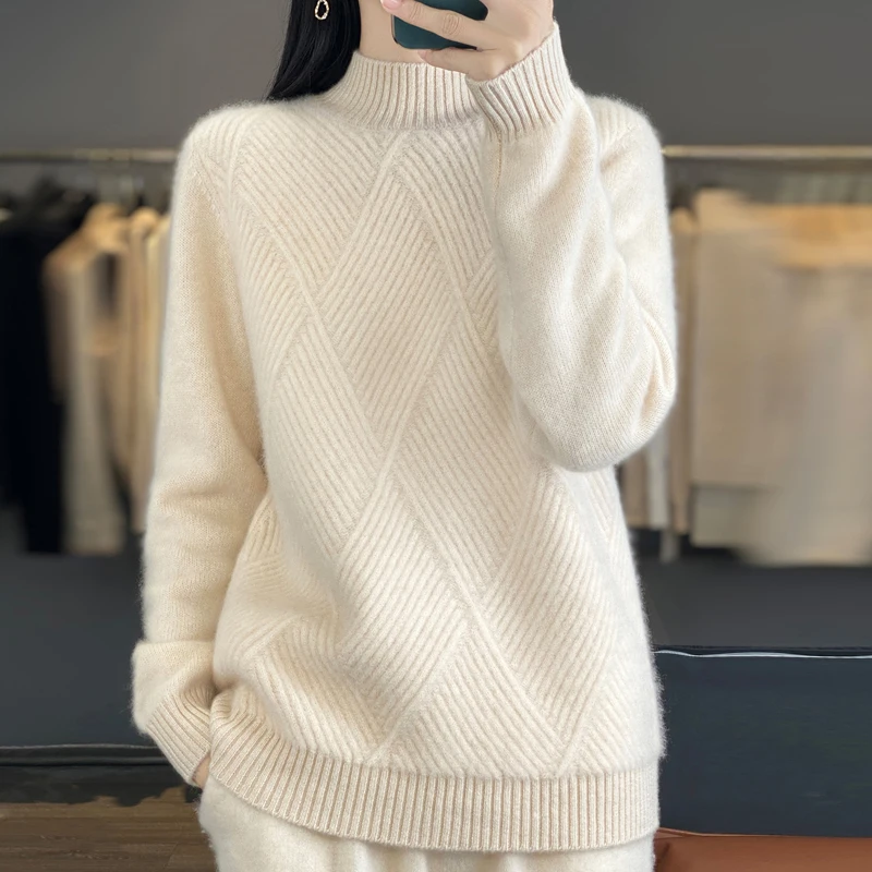

New Autumn Winter Cashmere Sweater Thick High Neck Knit Pullover Sweater 100% Wool Sweater Women's Loose Fashionable Knitted Top