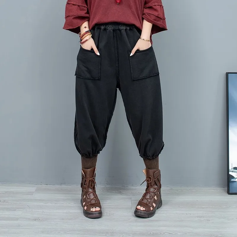 

Color Distressed Small Leg Harem Pants Women 2024 Spring Summer Loose Large Size Black Pant LX1246