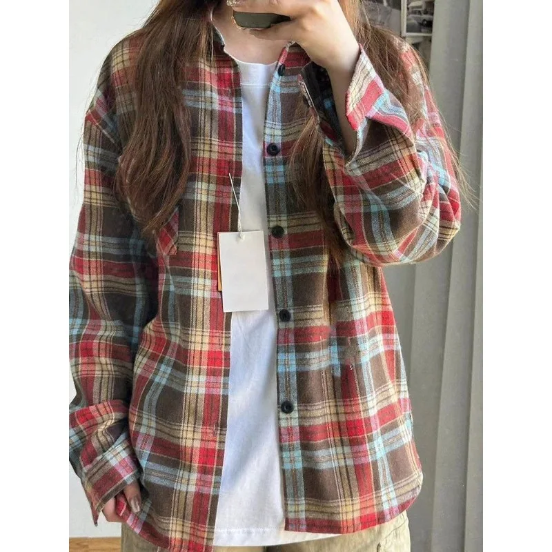 EBAIHUI женские клетчатые рубашки контрастного цвета, дизайн с одним карманом, блузки с лацканами, корейский свободный универсальный женский кардиган