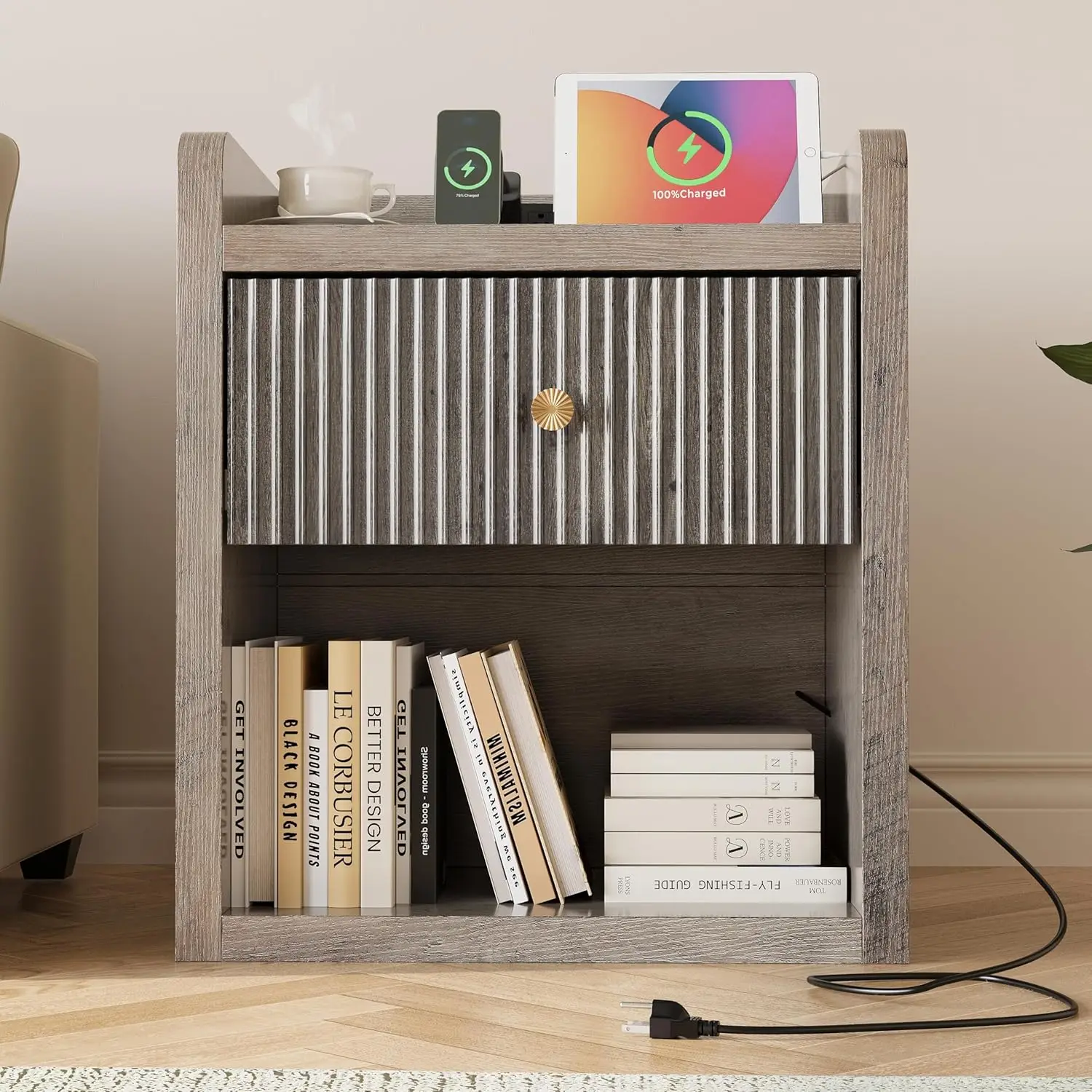 

IRONCK Nightstand with Charging Station, 26.5" Tall Large Night Stand, Wood Fluted End Table with Drawer and Shelf, Grey