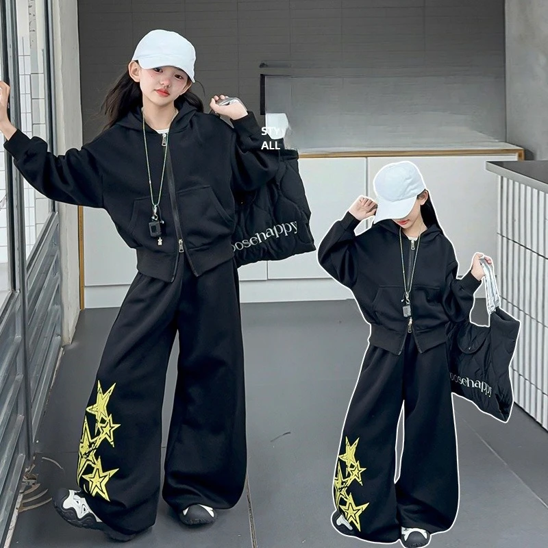 design teen girls American retro washed clothes casual hooded zipper jacket+wide leg pants 2pcs junior kids suit child outfits