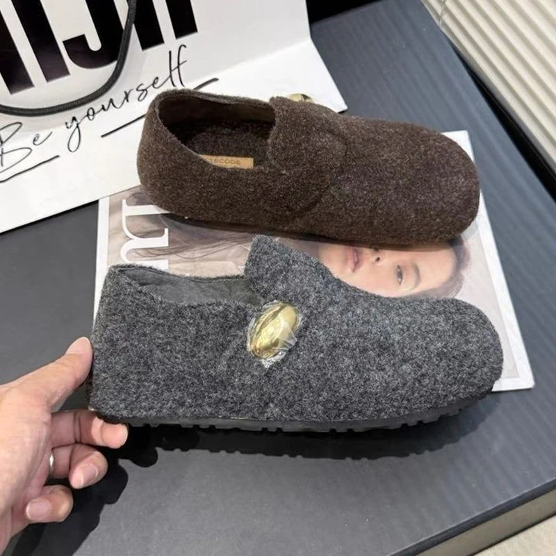 Women's Thick Heel Inner Heightening  Shoes Autumn Winter New Style Slip-On Fleece Lined Lazy Bean Shoes Warm Cott...