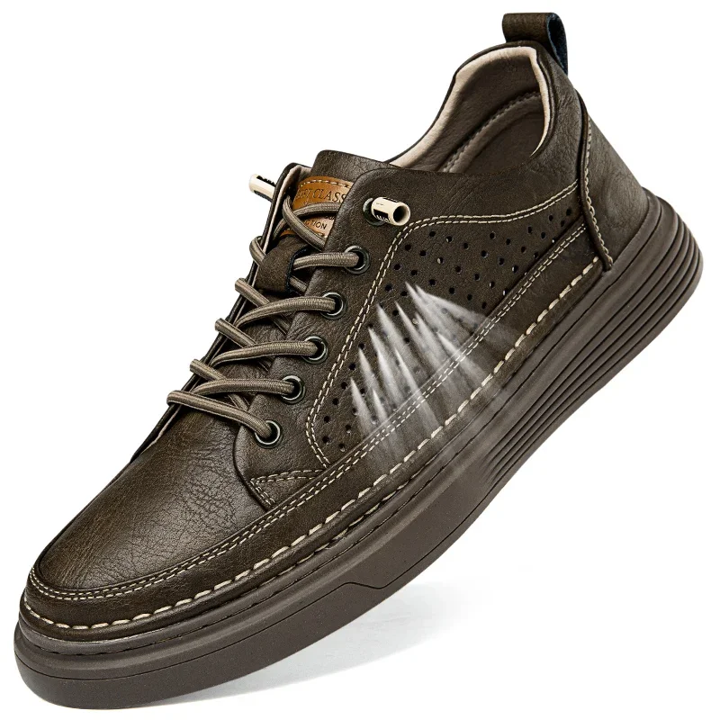 Sapatos Oxford de couro genuíno para homens, tênis ao ar livre respirável, sapatos de couro artesanal, sapatos casuais, verão