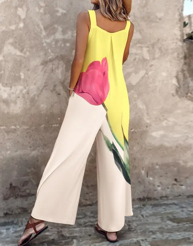 

Fashion Womens Long Jumpsuits 2025 Summer New Female Floral Print Adjustable Strap Pocket Design Wide Leg Suspender Jumpsuit
