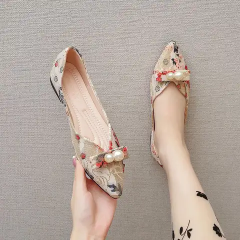 Retro Pearl Pointed Toe Women's Flat Shoes Comfortable and Elegant Korean Style High Quality Fashion Y2k Summer Ladies Footwear