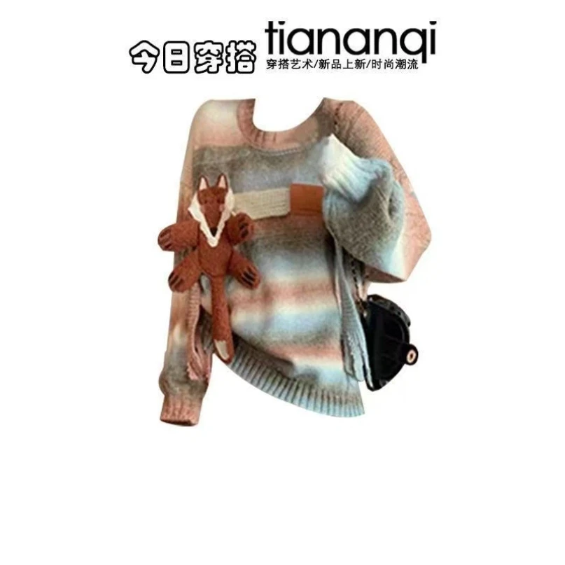 مجموعة تصميم الربيع والخريف سترة نسائية محبوكة للصباغة الفرنسية الرجعية عالية الخصر متقلب نصف تنورة مكونة من قطعتين #6