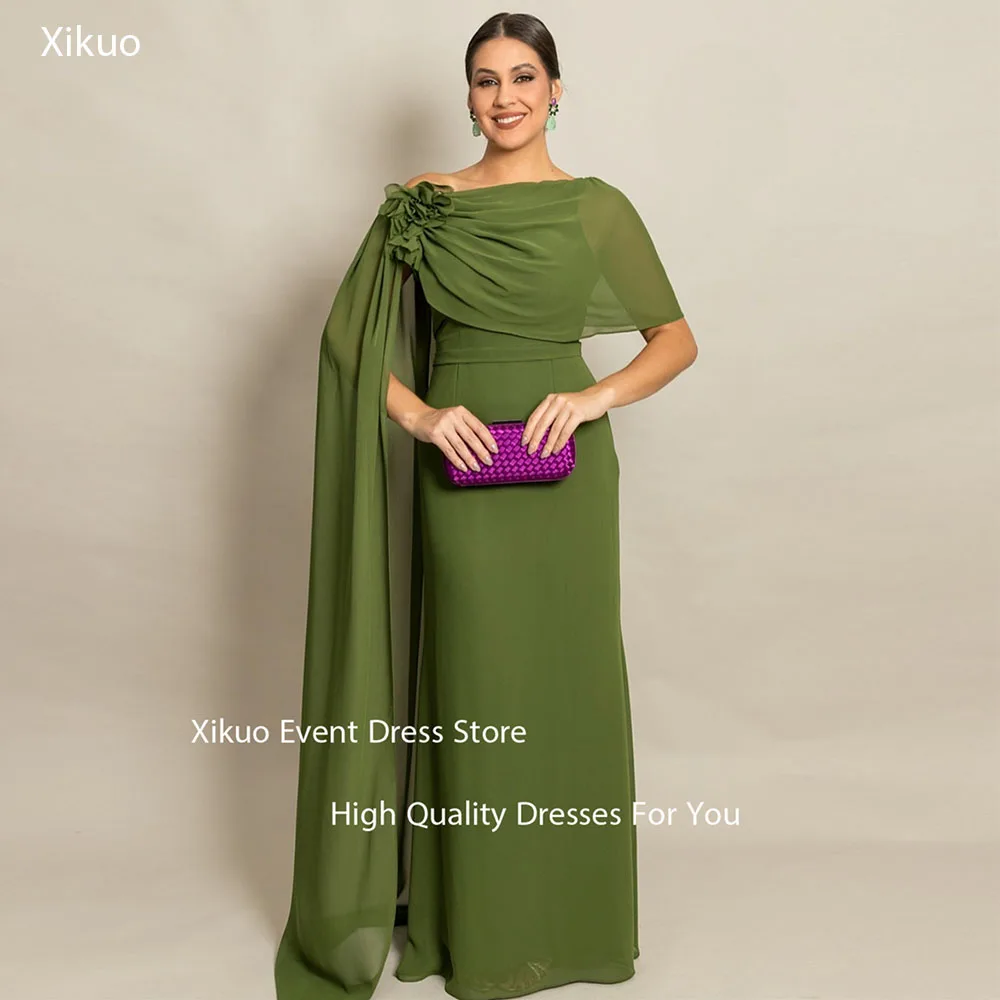 

Xikuo оливково-зеленые вечерние платья длиной до пола, асимметричные вечерние платья с плечами, шифоновый элегантный халат De Soirée по индивидуальному заказу