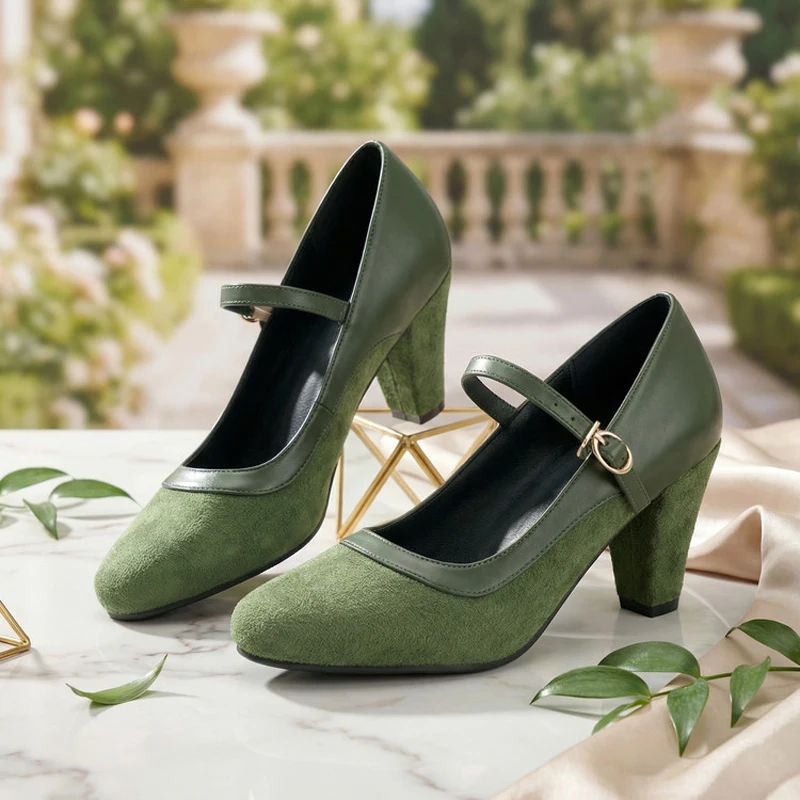 

Женские туфли-лодочки с круглым носком на каблуке 7 см, с ремешком и пряжкой, из замши, модель Мэри Джейн, большие размеры 42, 43 WSH5578