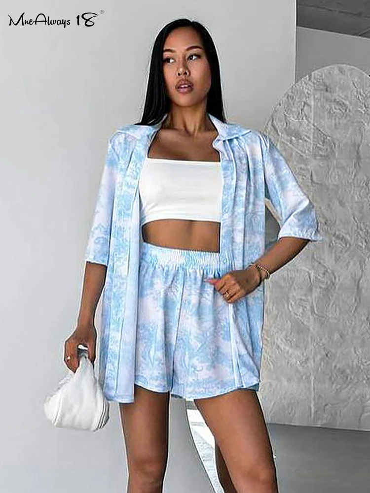 Mnealways18 Blue Printing Shorts Suits Two Pieces Womens Summer 2024 Turn Down Collar Shirts And Wide Legs Shorts Casual Outfits