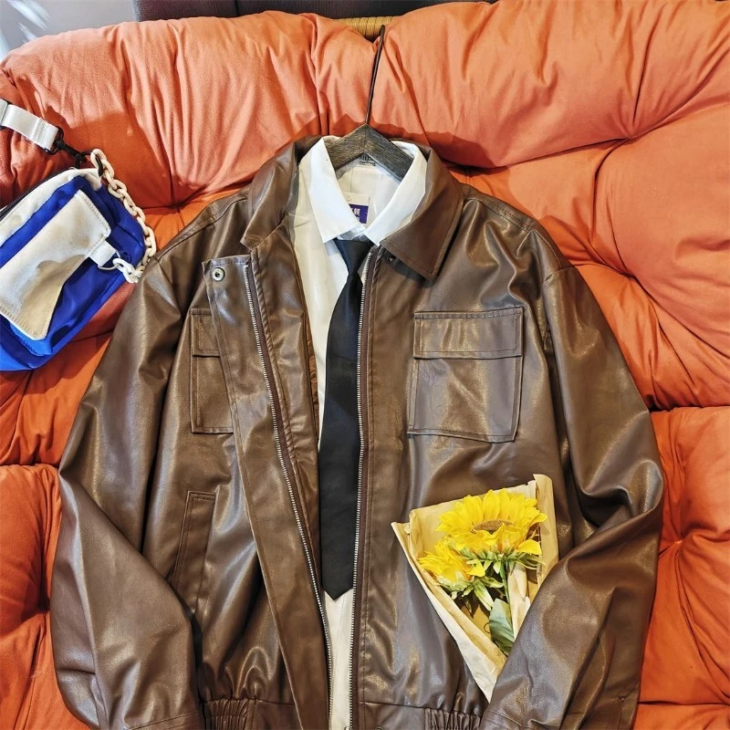 

Men's Loose Fitting Tactical PU Jacket Urban Streetwear Short Coat with Hood Muted Color Motorcycle Inspired Outerwear