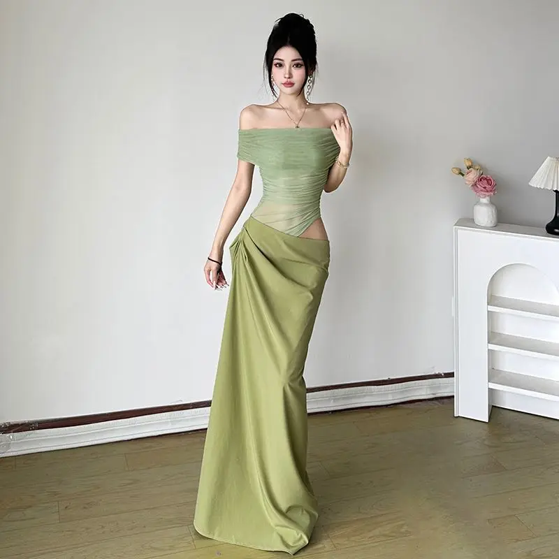 

French Style Elegant Ruched Mesh Patchwork Bodycon Dress For Women Slim Fit Slimming Hot Girl Long Dress