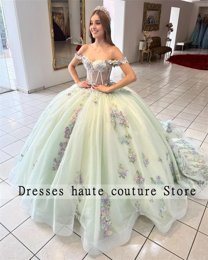 New Arrivals Green Lace Quinceanera Dresses Ball Gown 2025 Mexican Princess 3D Flowers Sweet 16 Dress Prom Party 15 Year Old