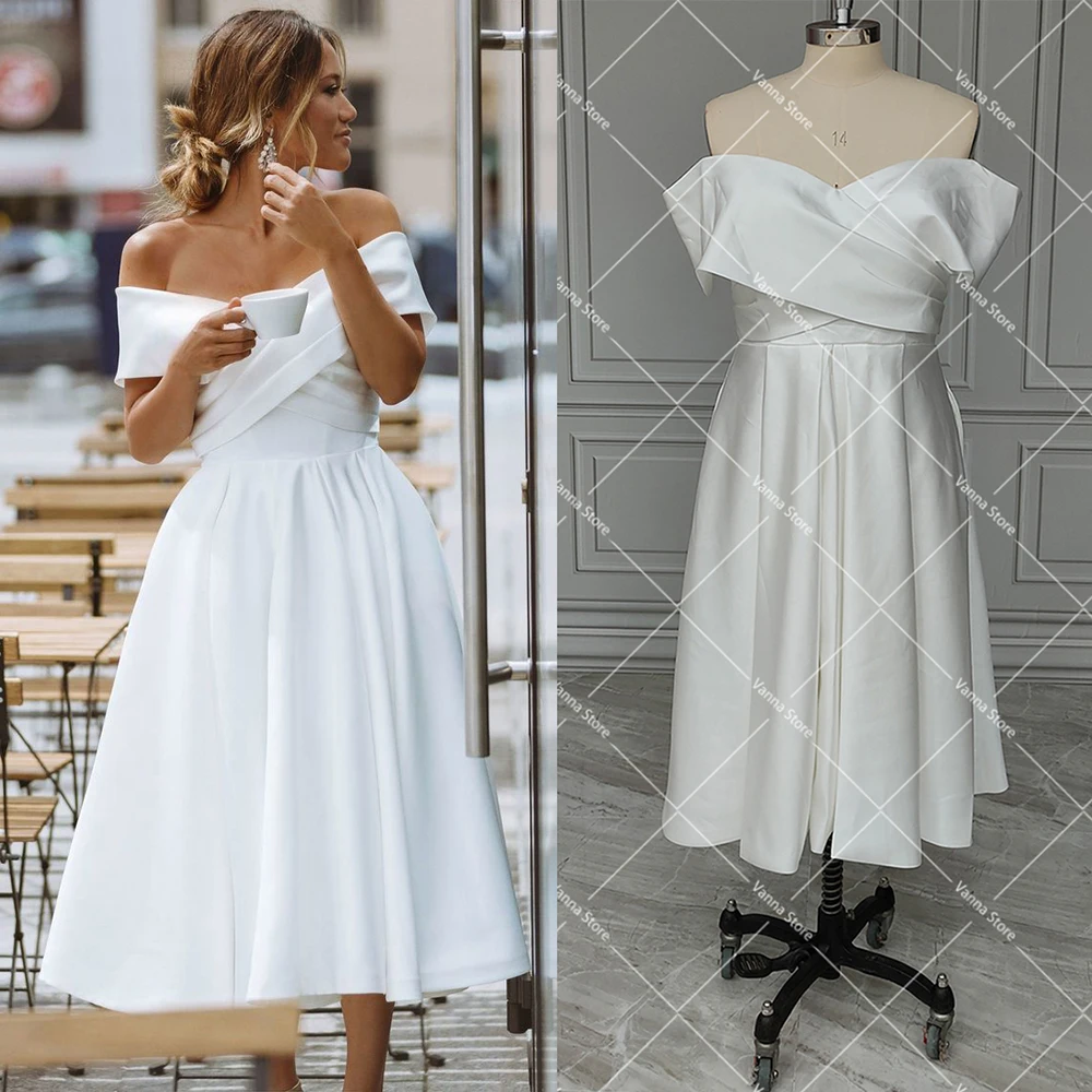 

Ruched Off Shoulder Satin Wedding Dress Tea Length Simple Lace Up Cheap Dance Criss Cross Ivory Party Bridesmaid Bridal Gown