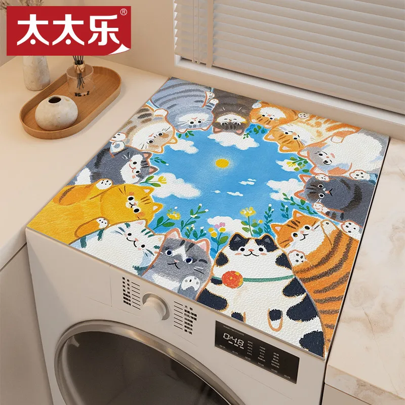 VIKAMA Oil Painting Multi Cat Washing Machine Cover Mat Sky Floral Print Waterproof Anti Dust Laundry Dryer Cabinet Pad