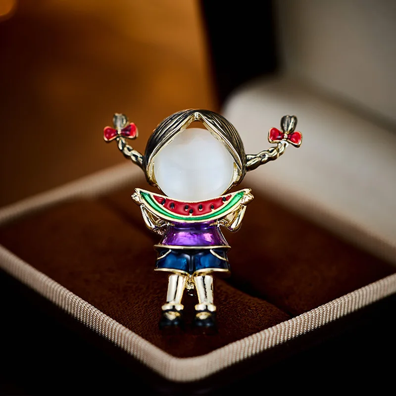 Oil-Drip Watermelon-Eating Little Girl Brooch Cartoon Cute Anti-Exposure Brooch Fixed Badge Bag Accessories Wholesale