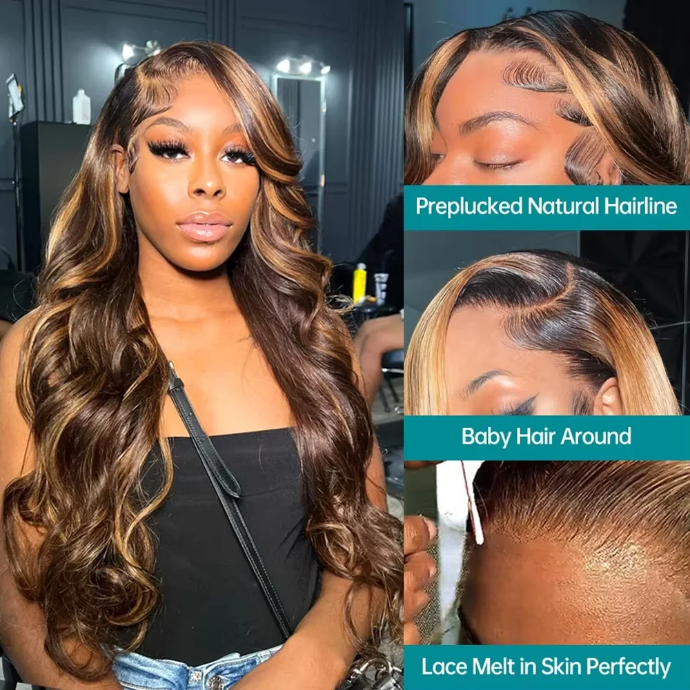 P4/27 Highlight Body Wave 13x6 Парик из натуральных волос на кружеве P4/27 Цветная объемная волна 200 Плотность 52-дюймовые парики из человеческих волос для женщин