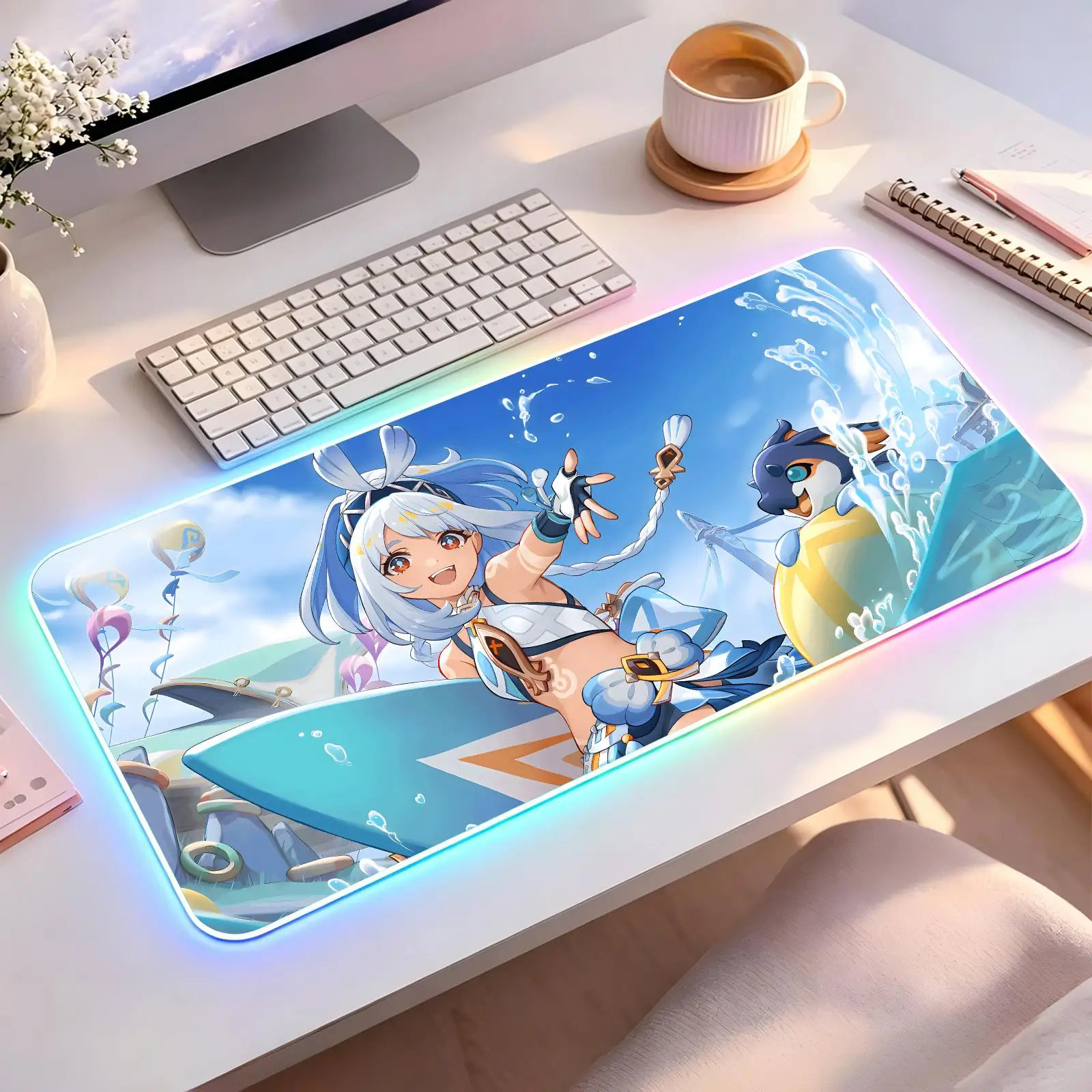 Genshin Impact Mualani Large RGB backlit esports gaming mouse pad, smooth soft cloth surface, LED luminous extended desk mat
