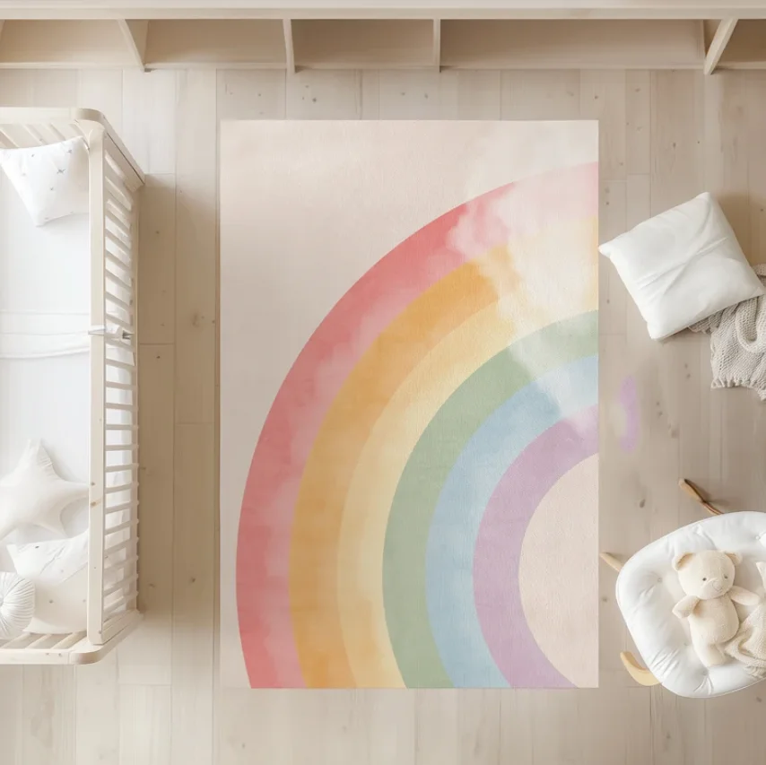 Watercolor Rainbow Nursery Rug Soft Non-Slip Kids Play Area Colorful Modern Decor Living Room Bedroom Home Decoration Carpet