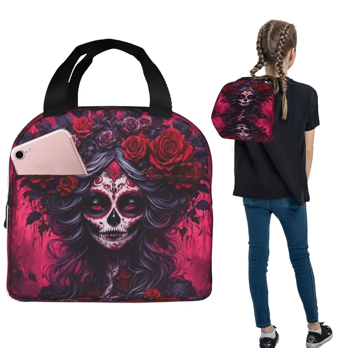 Isolierte Lunchtasche mit mexikanischem Catrina-Mädchen-Motiv, Tag der Toten, Zuckerschädel, für Damen und Kinder, auslaufsichere Lebensmittelboxen, Thermo-Lunchbox-Tragetasche