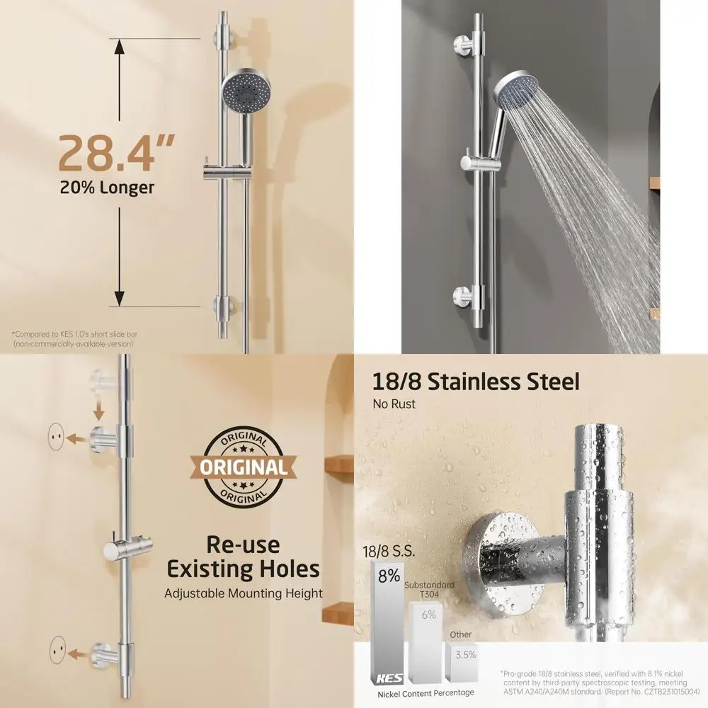 

30-Inch Shower Slide Bar & 59-Inch Hose, 5-Function Adjustable Shower with Wall Mount Set, 18/8 Stainless Steel, Polished Finish