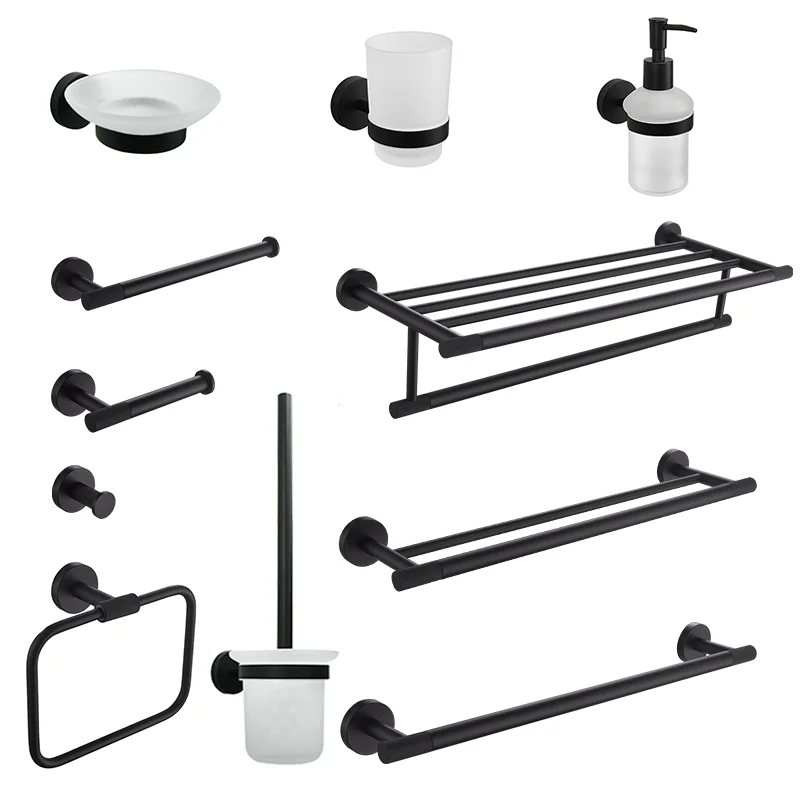 Accessoires de salle de bains brossés noirs, ensemble de quincaillerie, porte-brosse de toilette, porte-papier, porte-serviettes, crochet pour Robe, porte-savon, anneau