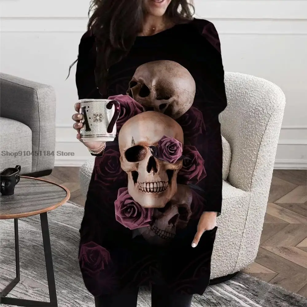 

Women's T-shirt Skull Fashion Long Sleeve Printing T-Shirt Loose Long Sleeve Round Neck Pullover Casual Oversized Pocket Top