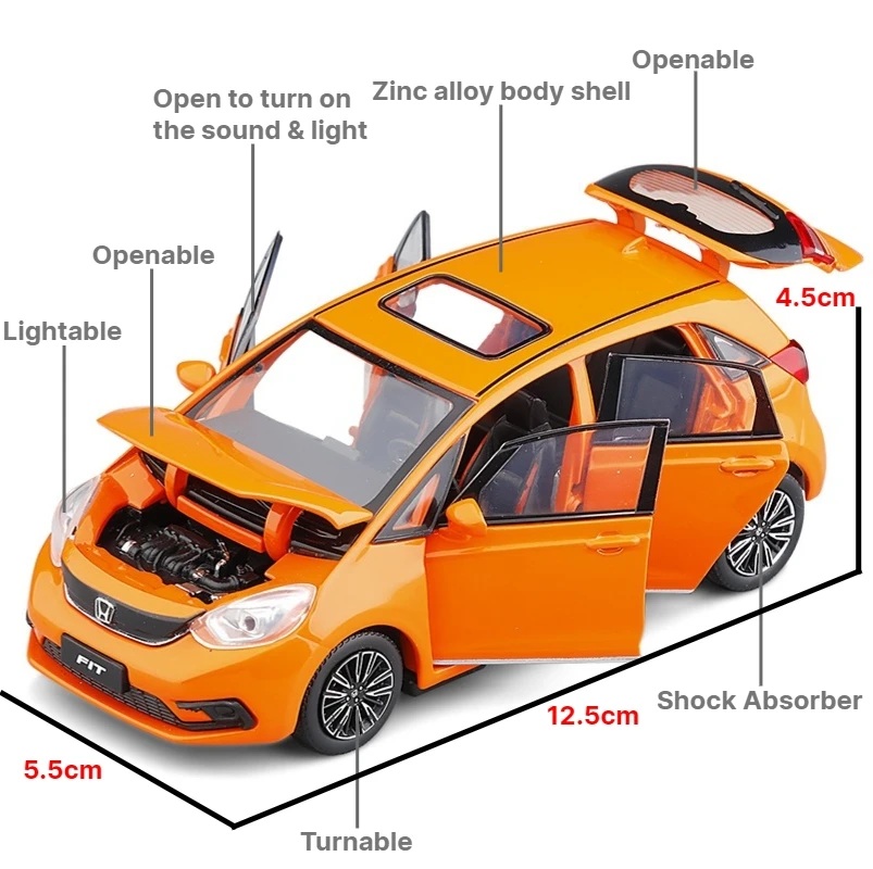 1/32 Honda FIT JAZZ SUV Sport Toy Car JKM Diecast Miniature Model Doors Openable Sound & Light Collection Gift For Boy Boys Kid