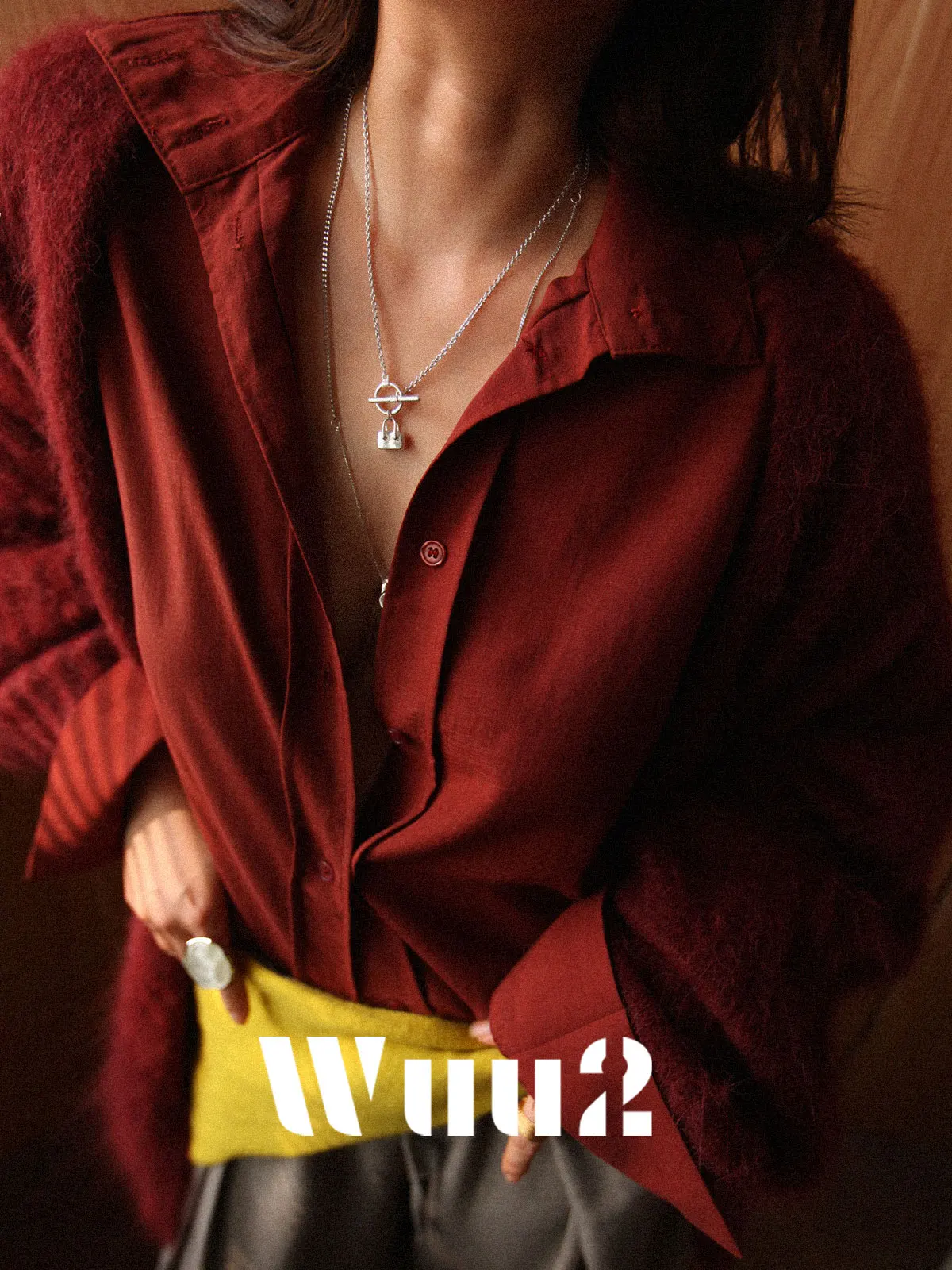 

Wuu2 Clinsor Retro Double-Buled Stand Collar Red irt Women's Long Sve Versatile Ele Simple Autumn irt