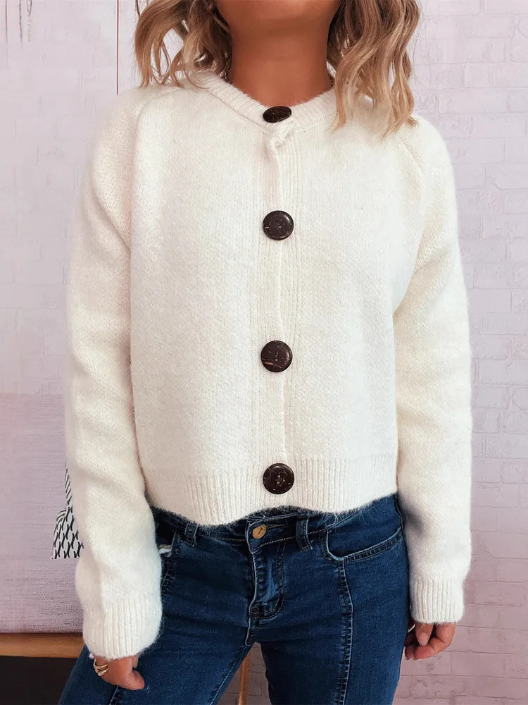 Autumn Winter White Simple Solid Color Short Cardigan Women 2025 Round Neck Long Sleeve Sweater Knitted Tops Coat